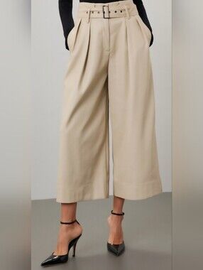 Eudon Choi Vegan Leather Cream Wide-Leg High-Waist Pleated Belted Pants Sz 16